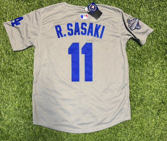 Roki Sasaki Dodgers Jersey - 2025 Champions Patch - Gray