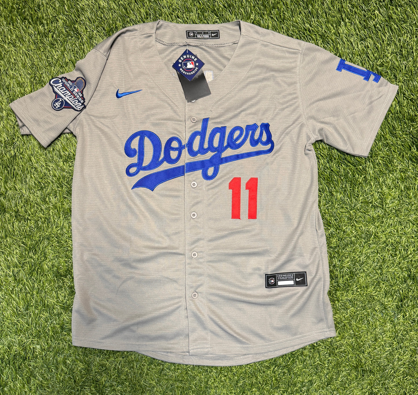 Roki Sasaki Dodgers Jersey - 2025 Champions Patch - Gray